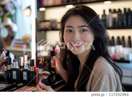 Woman with cosmetics. Asian make-up blogger. Female vlogger in casual clothing. Cheerful chinese girl and blog. Beauty makeup and treatment 117202868