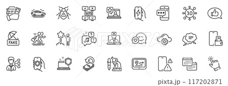 Icons pack as Feedback, Online rating and Phone warning line icons for app include Rent car, Software bug, Car outline thin icon web set. Gps, Star, Text message pictogram. Third party. Vector 117202871