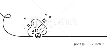 Vitamin B12 line icon. Continuous one line with curl. Cobalamin food nutrient sign. Capsule or pill supplement symbol. Cobalamin vitamin single outline ribbon. Loop curve pattern. Vector 117202893