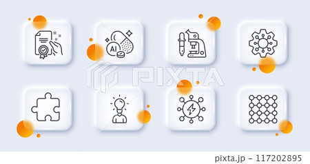 Density, Microscope and Education line icons pack. 3d glass buttons with blurred circles. Power, Puzzle, Execute web icon. Certificate, Aluminium mineral pictogram. For web app, printing. Vector 117202895