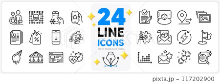 Icons set of Rfp, Ice cream and Photo album line icons pack for app with Love letter, Web report, Cogwheel dividers thin outline icon. Dot plot, Renewable power, Cv documents pictogram. Vector 117202900