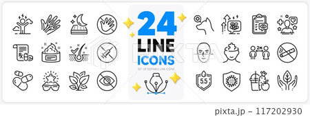 Icons set of Leaf, Mental conundrum and Juice line icons pack for app with Veterinary clinic, Face recognition, Fair trade thin outline icon. Best glasses, Capsule pill. Design with 3d stars. Vector 117202930
