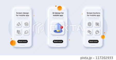 Attention, Pos terminal and 360 degree line icons pack. 3d phone mockups with bell alert. Glass smartphone screen. Rate button, Approved, Chat message web icon. Vector 117202933