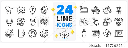 Icons set of Smartphone protection, Cash back and Return package line icons pack for app with Cursor, Headphones, Vegetables thin outline icon. Bid offer, Smile chat, Reject medal pictogram. Vector 117202934