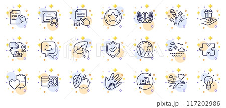 Outline set of Laureate award, Loyalty star and Apple line icons for web app. Include Smile face, Honeymoon travel, Confirmed pictogram icons. Travel sea, Internet warning. Vector 117202986