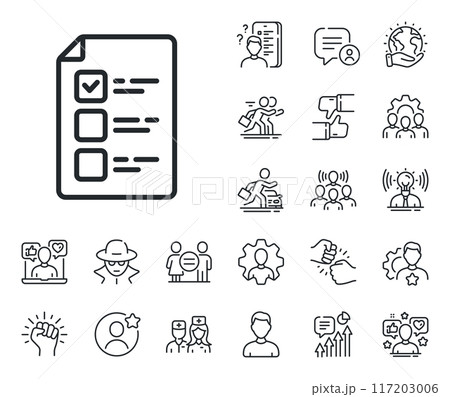 Vote checklist sign. Specialist, doctor and job competition outline icons. Voting ballot paper line icon. Public election symbol. Voting ballot line sign. Avatar placeholder, spy headshot icon. Vector Vote checklist sign. Specialist, doctor and job competition outline icons. Voting ballot paper line icon. Public election symbol. Voting ballot line sign. Avatar placeholder, spy headshot icon. Vector 117203006
