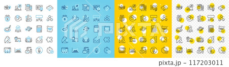 Vector icons set of Chemistry lab, Work home and Education idea line icons pack for web with Diploma, Open mail, Calculator outline icon. Approved, Puzzle, Chemistry molecule pictogram. Vector 117203011