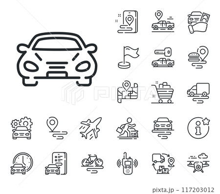 Transportation vehicle sign. Plane, supply chain and place location outline icons. Car transport line icon. Driving symbol. Car line sign. Taxi transport, rent a bike icon. Travel map. Vector 117203012