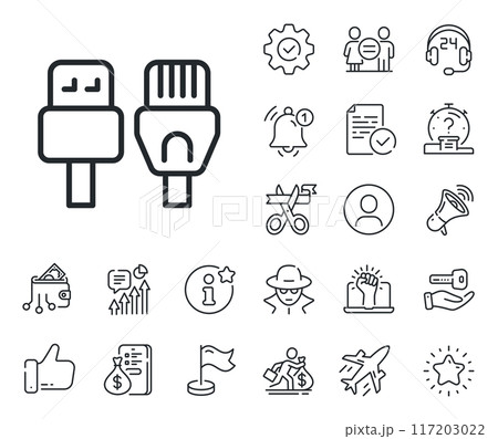 Usb, rj45 connection wires. Salaryman, gender equality and alert bell outline icons. Computer cables line icon. Computer cables line sign. Spy or profile placeholder icon. Vector 117203022