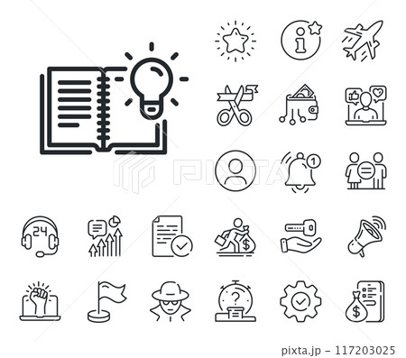 Education process sign. Salaryman, gender equality and alert bell outline icons. Product knowledge line icon. Product knowledge line sign. Spy or profile placeholder icon. Vector Education process sign. Salaryman, gender equality and alert bell outline icons. Product knowledge line icon. Product knowledge line sign. Spy or profile placeholder icon. Vector 117203025