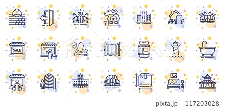 Outline set of Market seller, Buildings and Furniture line icons for web app. Include Market buyer, Open door, Lighthouse pictogram icons. Marketplace, Entrance, Hospital building signs. Vector 117203028