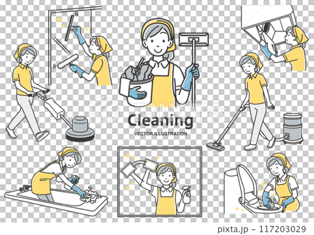 掃除をするエプロン姿の女性のイラストのセット素材 掃除をするエプロン姿の女性のイラストのセット素材 117203029