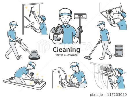 ハウスクリーニングの男性のイラストのセット素材 ハウスクリーニングの男性のイラストのセット素材 117203030