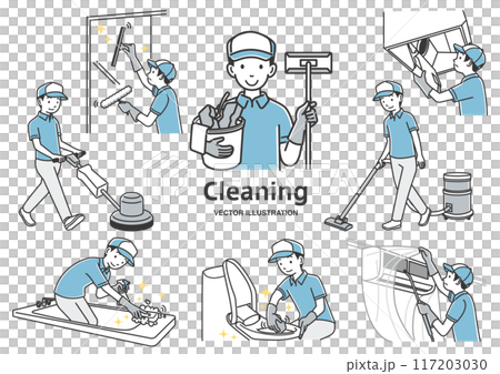 ハウスクリーニングの男性のイラストのセット素材 ハウスクリーニングの男性のイラストのセット素材 117203030