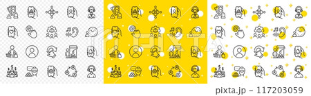 Outline Cursor, Painter and Bribe line icons pack for web with Engineering team, Dating app, Buyer line icon. Teamwork, Food app, Bell alert pictogram icon. Time management. Vector 117203059