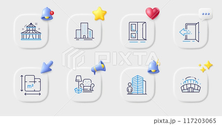 Packing things, Open door and Circus line icons. Buttons with 3d bell, chat speech, cursor. Pack of Floor plan, Arena stadium, Agent icon. Entrance, Buildings pictogram. For web app, printing. Vector 117203065