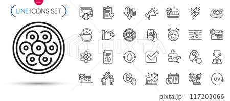 Pack of Mattress guarantee, Discounts calendar and Chemistry atom line icons. Include Teapot, Winner cup, Technical info pictogram icons. Patient history, Search puzzle, Online survey signs. Vector 117203066