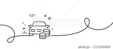 Buy car line icon. Continuous one line with curl. Rent transport sign. Vehicle down payment symbol. Buy car single outline ribbon. Loop curve pattern. Vector Buy car line icon. Continuous one line with curl. Rent transport sign. Vehicle down payment symbol. Buy car single outline ribbon. Loop curve pattern. Vector 117203069