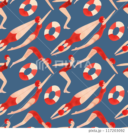 An athlete, a woman in a red swimsuit and a red cap is swimming. Seamless watercolor pattern, hand drawn. Blue background An athlete, a woman in a red swimsuit and a red cap is swimming. Seamless watercolor pattern, hand drawn. Blue background 117203092