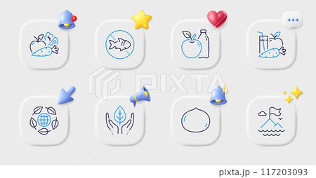 Mountain flag, Vegetables and Stop fishing line icons. Buttons with 3d bell, chat speech, cursor. Pack of Apple, Eco organic, Macadamia nut icon. Fair trade, Juice pictogram. Vector 117203093