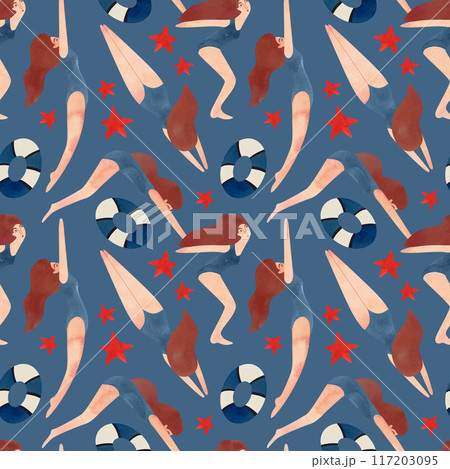 Seamless pattern with floating women in vintage style. Swimming. Watercolor illustration on blue background 117203095
