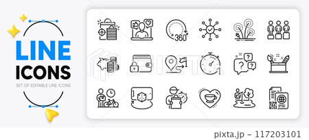 Survey check, Question bubbles and Piggy bank line icons set for app include Creativity concept, 360 degrees, Social media outline thin icon. Delivery man, Bike courier, Lock pictogram icon. Vector Survey check, Question bubbles and Piggy bank line icons set for app include Creativity concept, 360 degrees, Social media outline thin icon. Delivery man, Bike courier, Lock pictogram icon. Vector 117203101