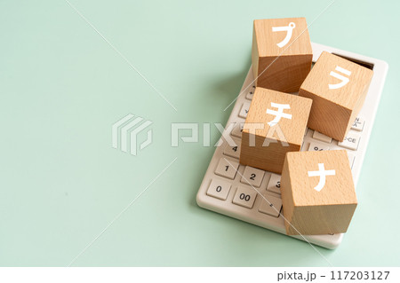 プラチナと書かれたブロックと電卓 117203127