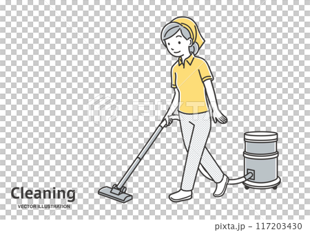A woman in an apron vacuuming A woman in an apron vacuuming 117203430
