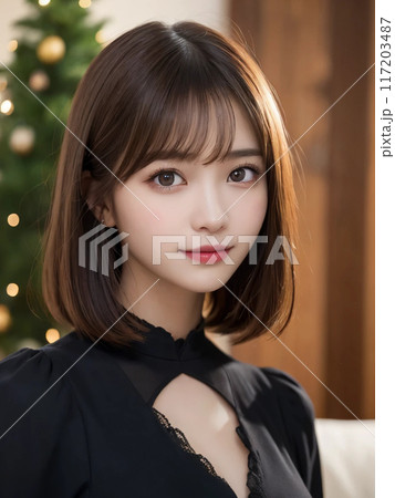 クリスマスツリーの前で優しく微笑む港区女子 117203487