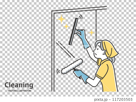 A woman in an apron cleaning windows 117203503