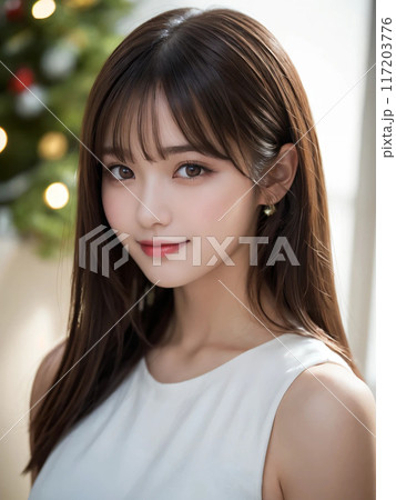 クリスマスツリーの前で優しく微笑む港区女子 117203776