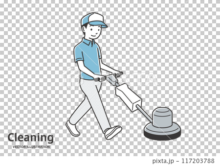 床にポリッシャーをかけるハウスクリーニングの男性 床にポリッシャーをかけるハウスクリーニングの男性 117203788