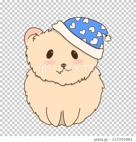 Beige bear with blue sleep cap children's illustration for use labels, printing, fabrics, packaging 117203861