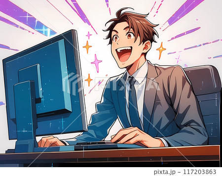 パソコン画面を見ながら大喜びしているビジネスマン 117203863