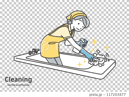 A woman in an apron cleaning the bath 117203877