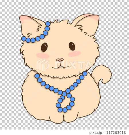 Beige cat with blue beads children's illustration for use labels, printing, fabrics, packaging 117203918
