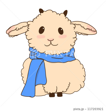 Beige lamb with blue scarf children's illustration for use labels, printing, fabrics, packaging 117203921