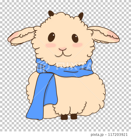 Beige lamb with blue scarf children's illustration for use labels, printing, fabrics, packaging 117203921