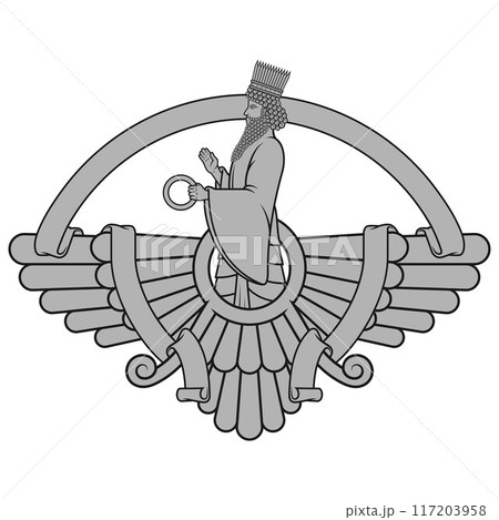 Zoroastrian winged solar disk with ribbon Zoroastrian winged solar disk with ribbon 117203958