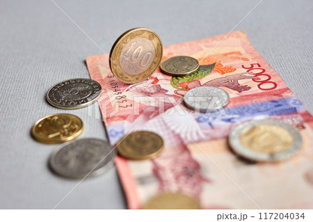 Top view. Money background. Photo with various paper banknotes of Republic of Kazakhstan Top view. Money background. Photo with various paper banknotes of Republic of Kazakhstan 117204034