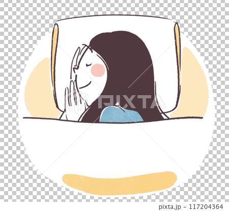 簡單的手繪上半身插圖，顯示一個女人舒適地側身睡覺 117204364