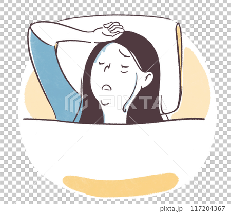 A simple hand-drawn illustration of a woman who is having trouble falling asleep and sweating A simple hand-drawn illustration of a woman who is having trouble falling asleep and sweating 117204367