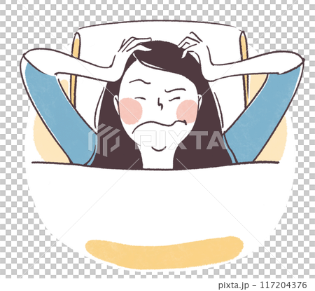 Simple hand-drawn upper body illustration of a woman who can't sleep and is frustrated Simple hand-drawn upper body illustration of a woman who can't sleep and is frustrated 117204376