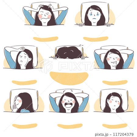 睡眠に関する女性のシンプル手描き上半身イラストセット 117204379