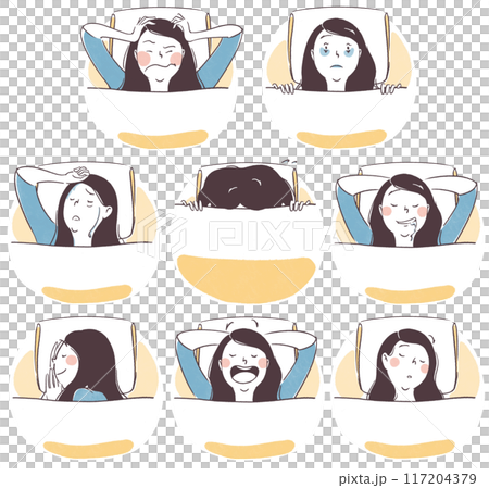 睡眠に関する女性のシンプル手描き上半身イラストセット 117204379