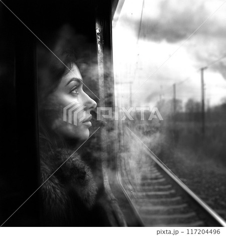 電車の窓から外を眺める女性 117204496