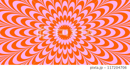 Optical illusion background. Red and pink abstract distorted wavy lines surface. Radial waves poster design. Trippy sunburst illusion wallpaper. Vector spinning hypnotic illustration 117204706