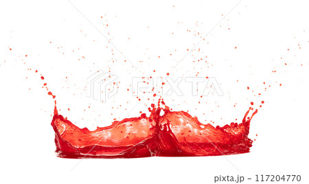 Red wine tomatoes Juice pouring and splash as crown water. Blood plasma Juice explode bubble splash in mid air. Red strawberry pomegranate liquid element water. White background isolated photography 117204770