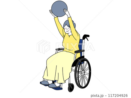 ボールを使ってストレッチする車いすの女性 117204926