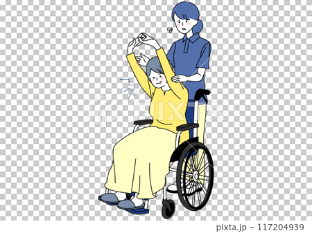 一位坐在輪椅上的老年婦女和一位在伸展時感到疼痛的護理人員 一位坐在輪椅上的老年婦女和一位在伸展時感到疼痛的護理人員 117204939